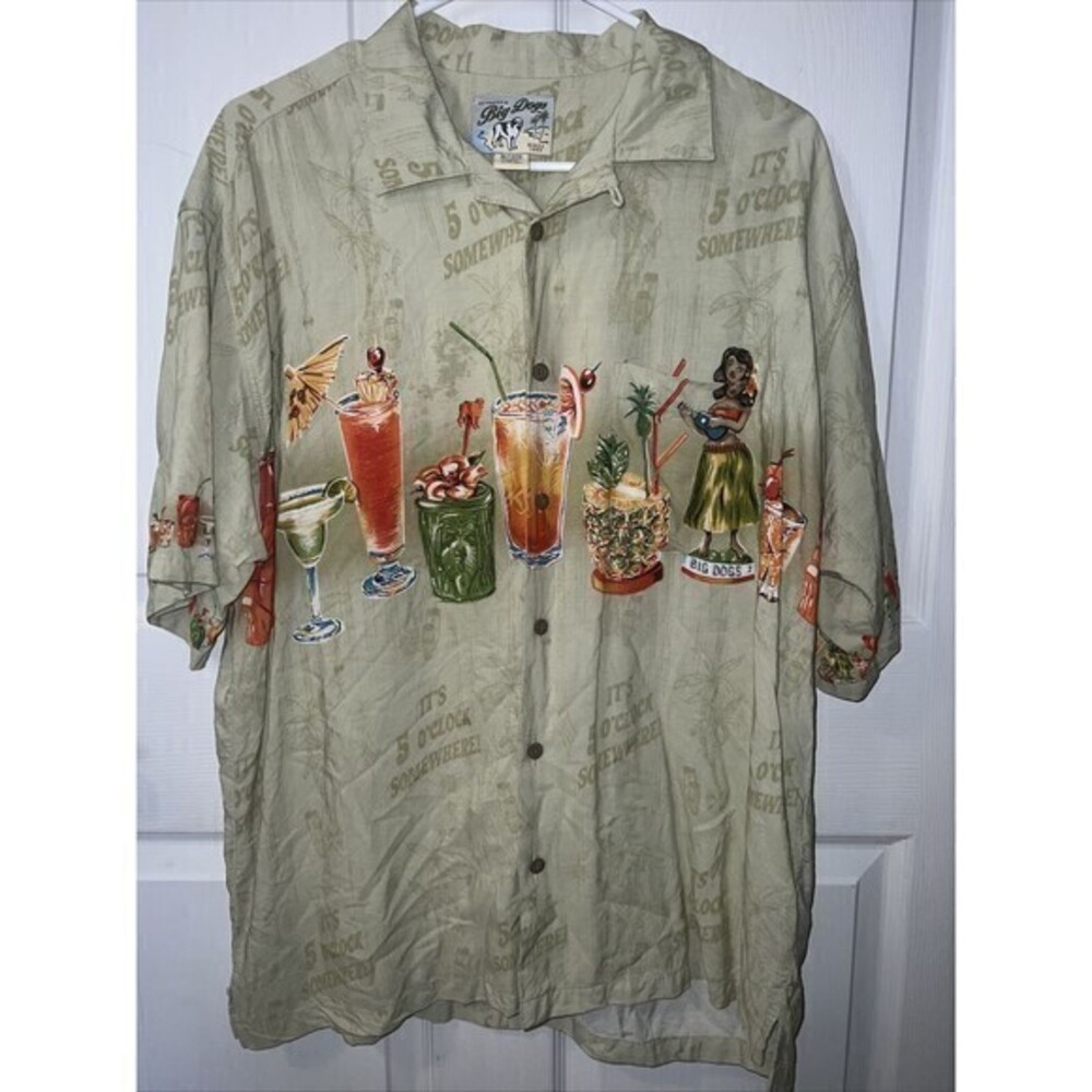 Big Dogs Hawaiian Shirt Mens It's Five O'clock Somewhere Cocktails Drinks Medium